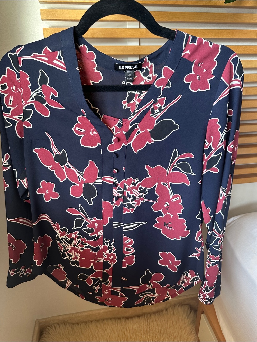 Express Navy Long-Sleeve Floral Blouse with Pink Print